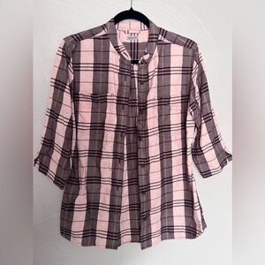 Carhartt Plaid Shirt Woman's 3/4 Sleeve Mandarin Collar Size Medium